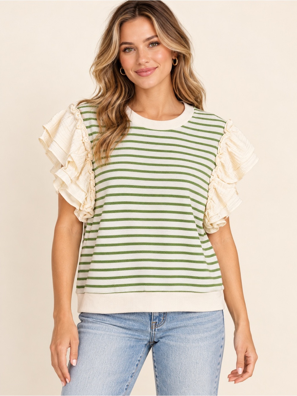 Jodifl Green & Ivory Striped Ruffle Sleeve Top – Small – NWT